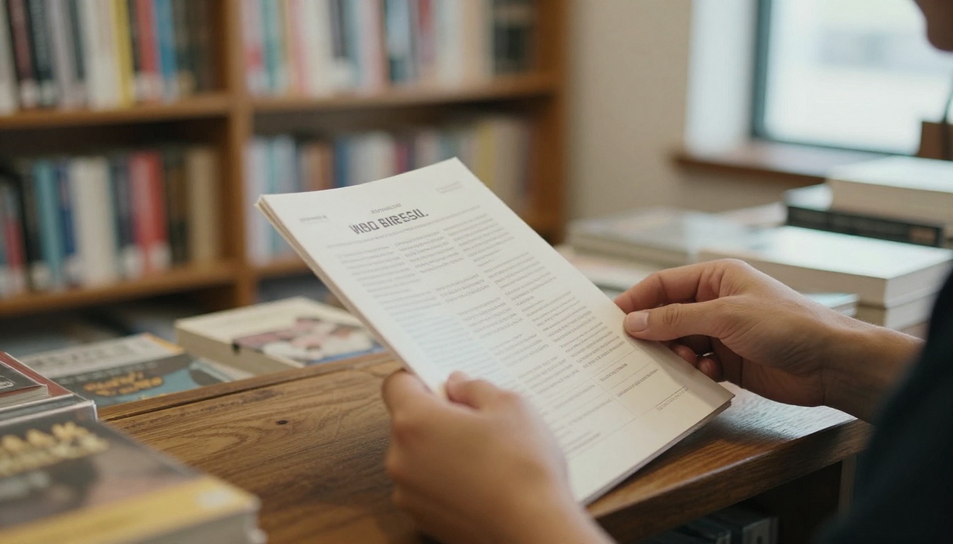 Bookstore buyer reviewing a one page sell sheet at a wooden counter