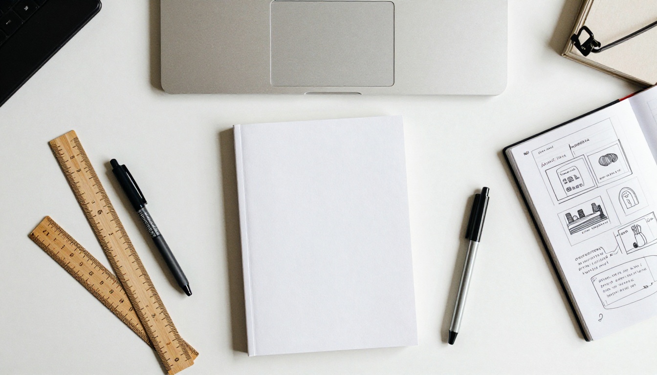 Aerial view of a desk with a laptop, a jacket mockup and a hand drawn layout sketch
