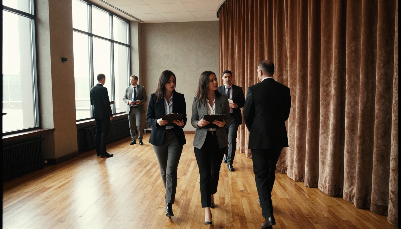 Hotel event planner and corporate client walking through an empty ballroom Hotel event planner and corporate client walking through an empty ballroom