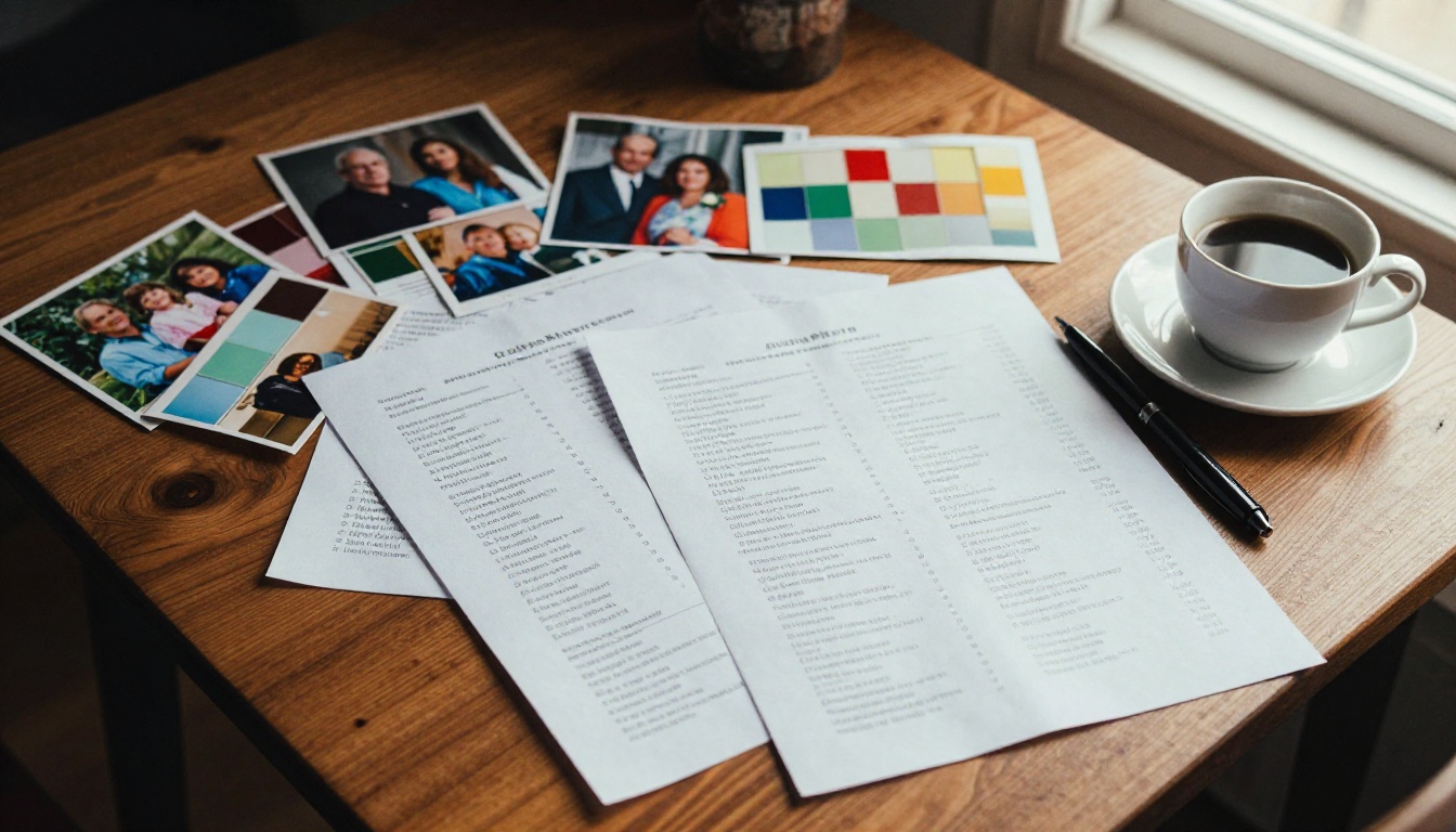 Overhead view of printed church directory pages spread across a wooden table Overhead view of printed church directory pages spread across a wooden table
