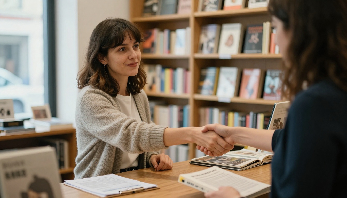 Female author shaking hands with an independent bookstore owner
