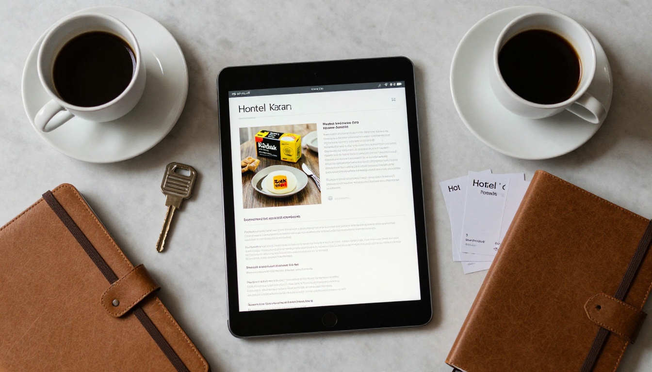 Tablet showing a digital hotel brochure on a marble table Tablet showing a digital hotel brochure on a marble table