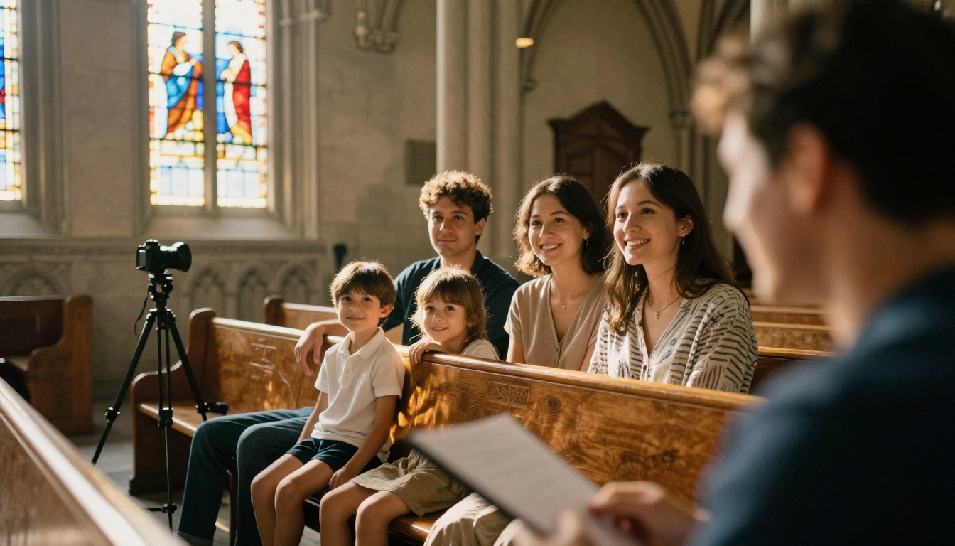 A church photographer arranging a family for a portrait in a sunlit sanctuary A church photographer arranging a family for a portrait in a sunlit sanctuary