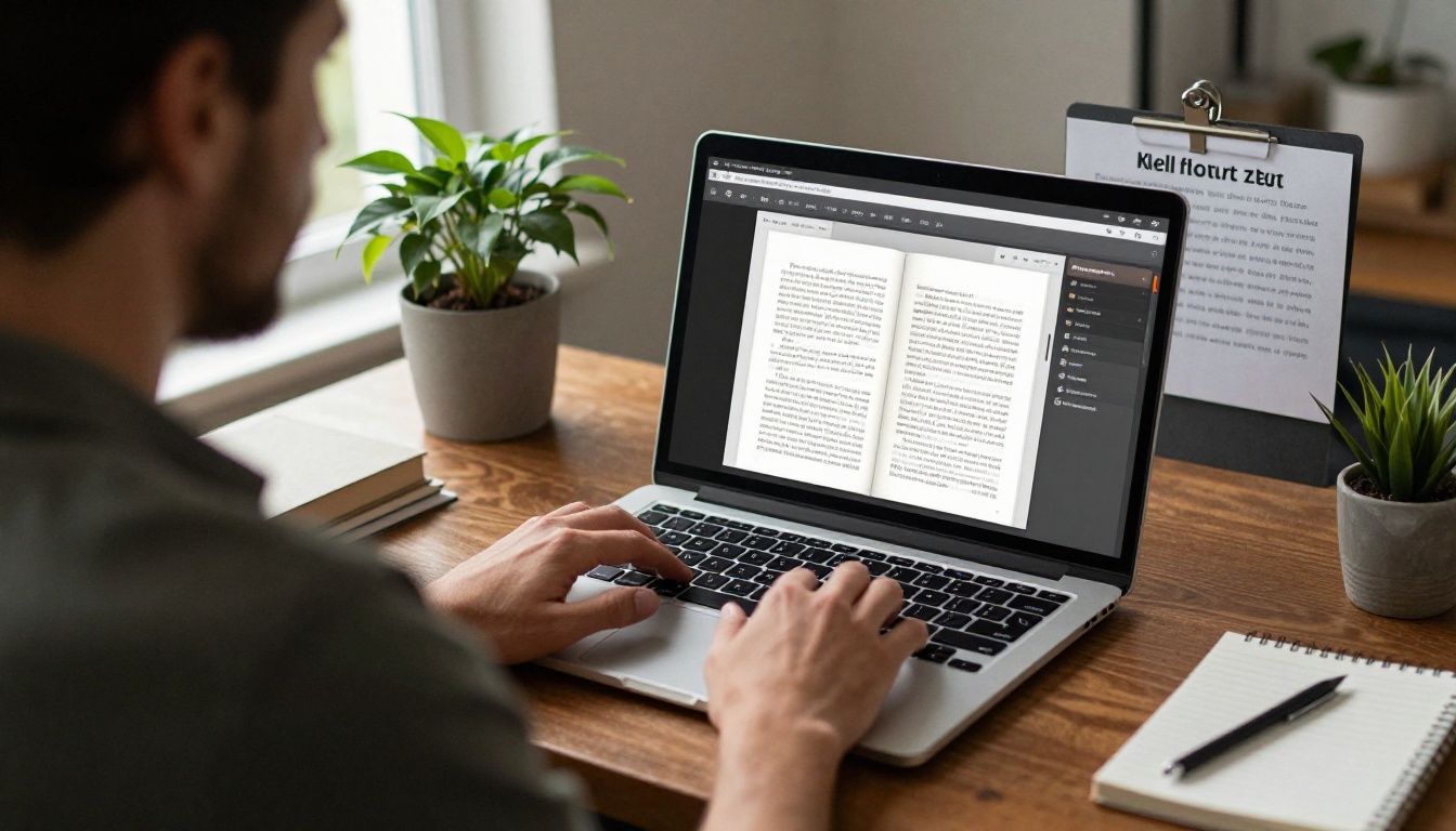 Author at a laptop viewing a page turning digital book next to a pinned sell sheet