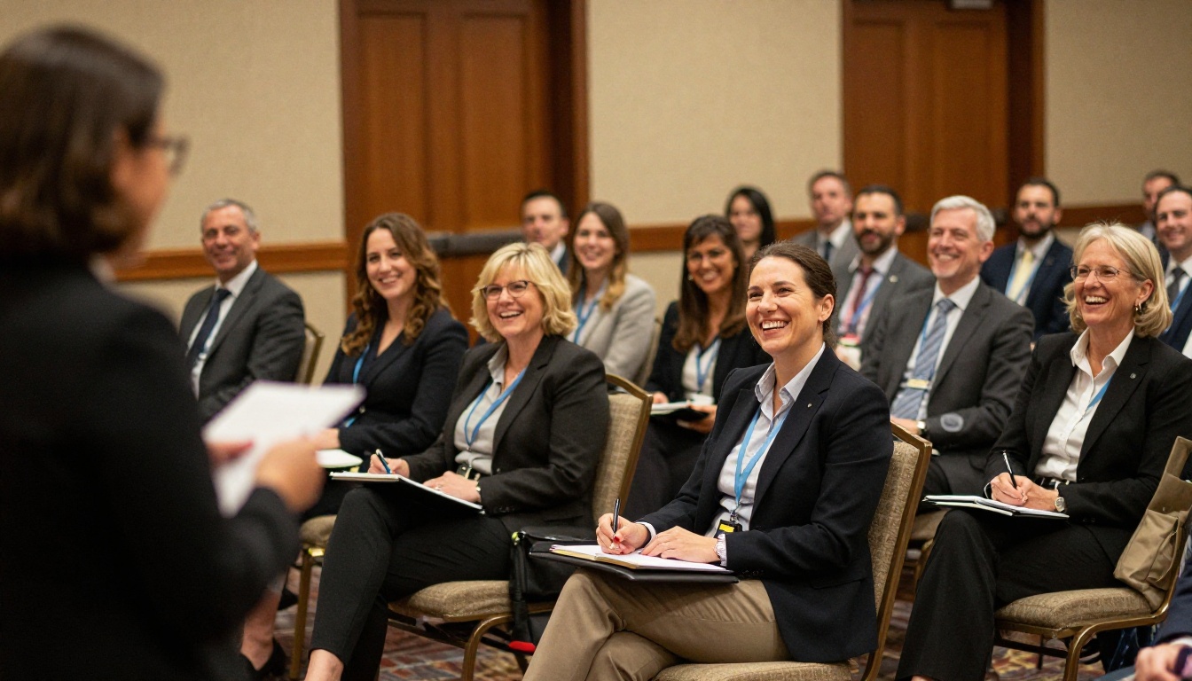Corporate group seated at a hotel conference session Corporate group seated at a hotel conference session