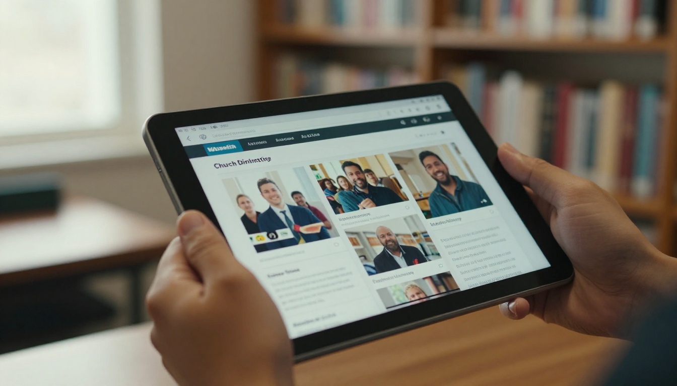Hands holding a tablet displaying a digital church ministry page Hands holding a tablet displaying a digital church ministry page