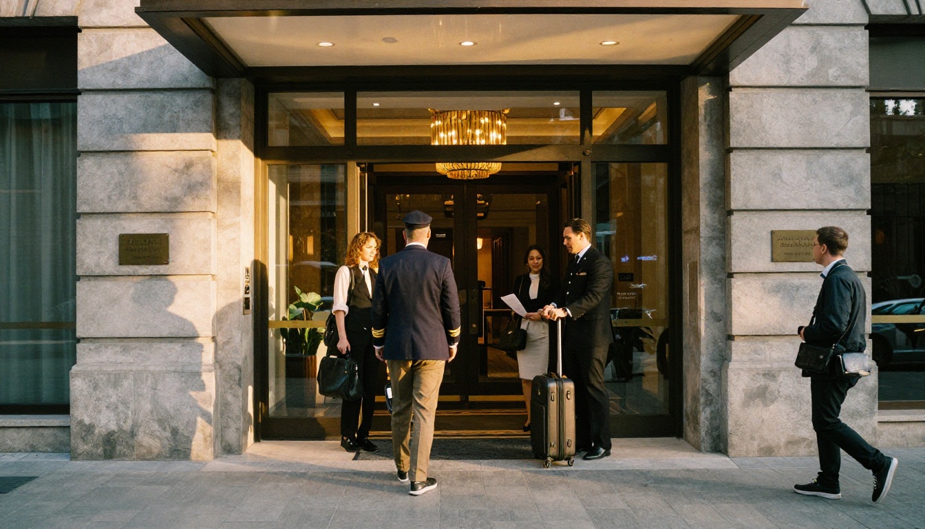 Upscale hotel entrance at golden hour with arriving guests Upscale hotel entrance at golden hour with arriving guests