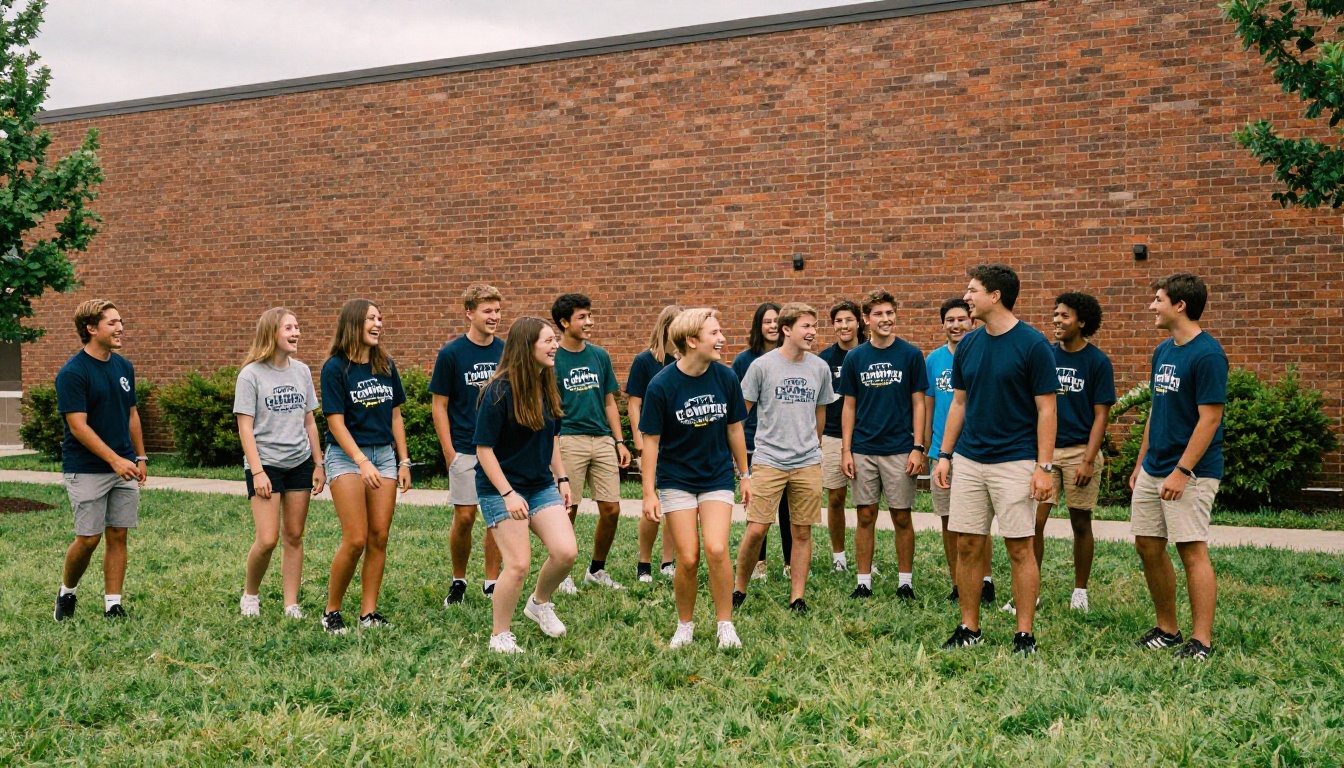 A church youth ministry group laughing together on the lawn outside a brick church A church youth ministry group laughing together on the lawn outside a brick church