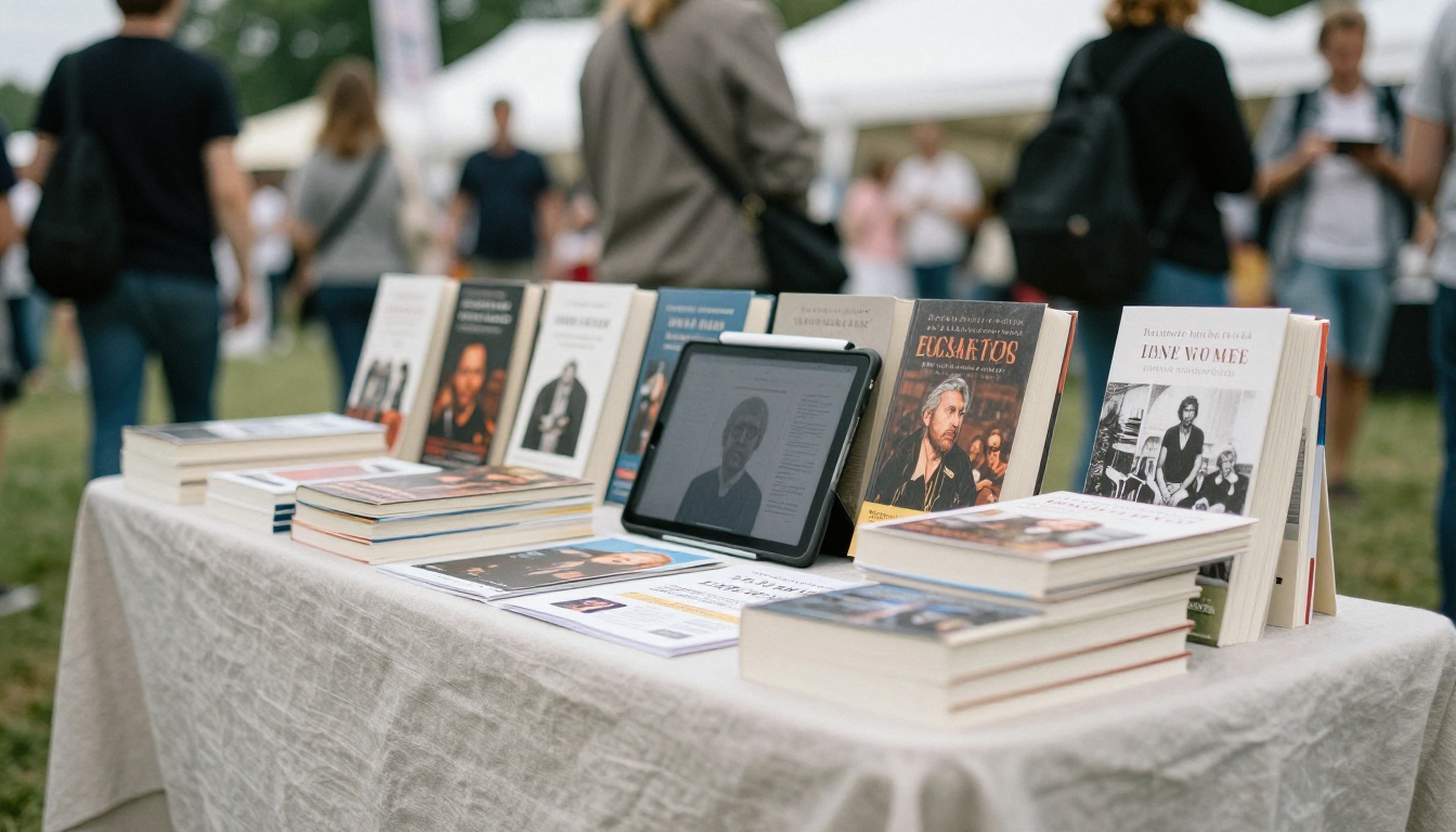 Wide view of an author table at a book festival with printed sell sheets and a tablet