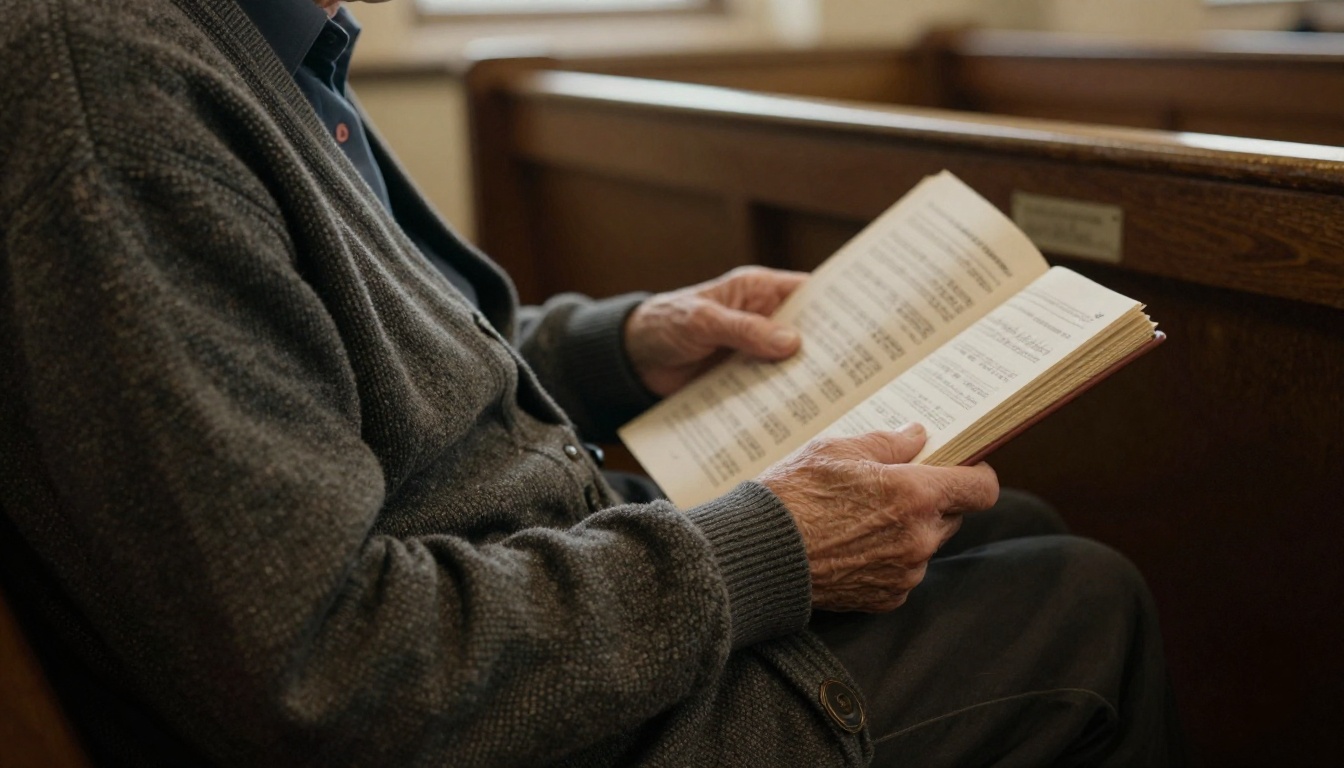 An older church member holding a printed directory while seated in a pew An older church member holding a printed directory while seated in a pew