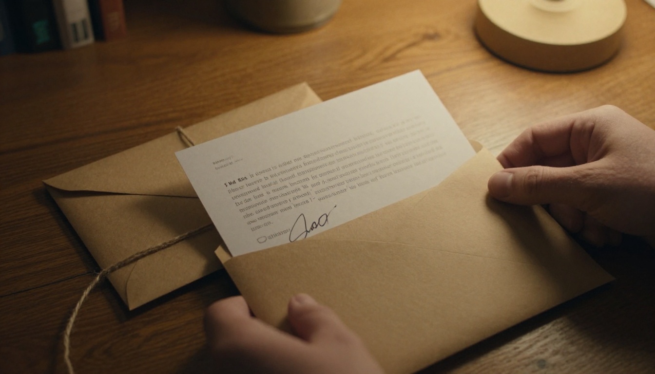 Hand placing a sell sheet into an envelope with a signed book copy