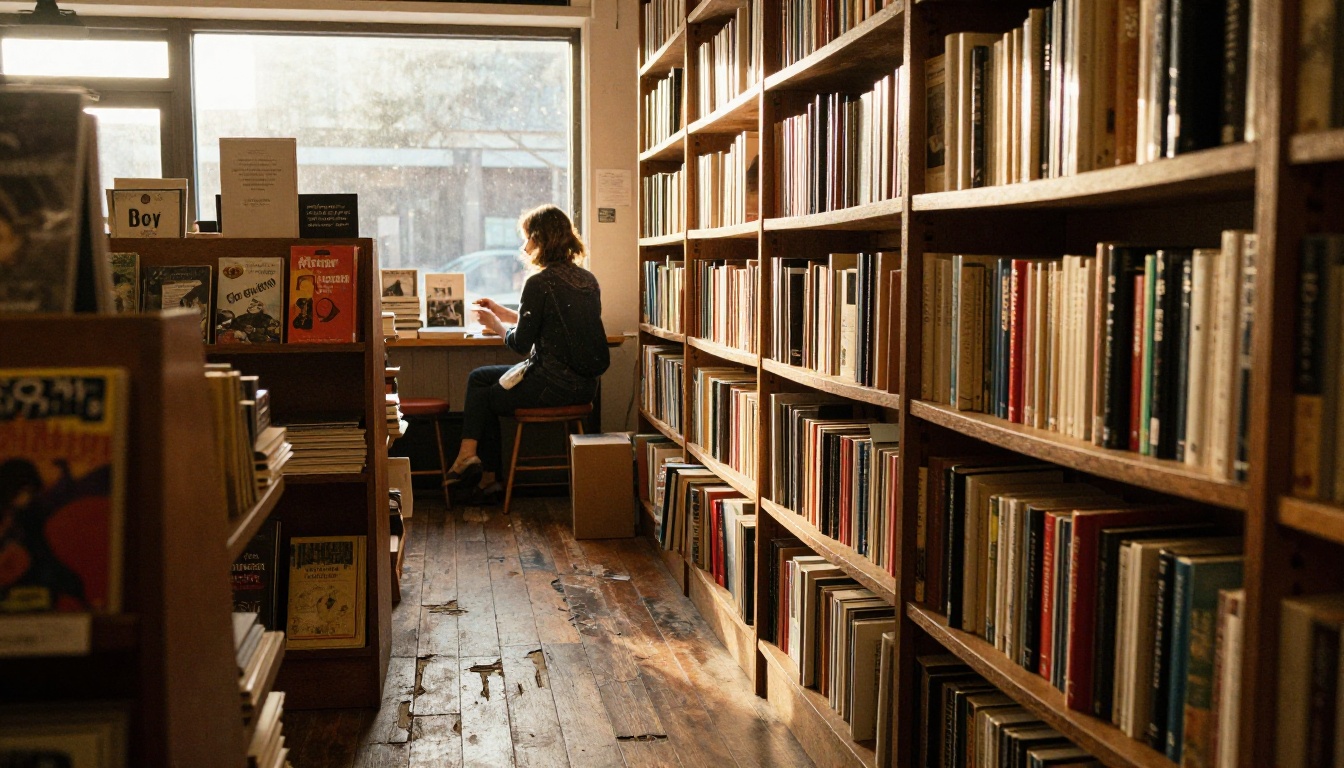 Cozy independent bookstore interior with a staff recommendations shelf