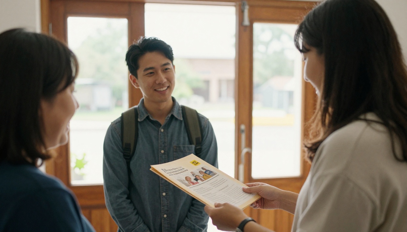 A greeter handing a new family a welcome folder at the church entrance A greeter handing a new family a welcome folder at the church entrance