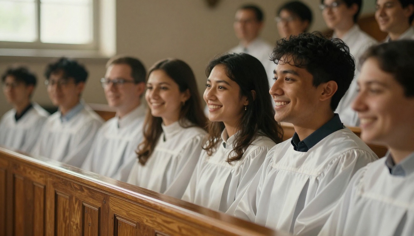 Choir members in robes smiling together in a church loft Choir members in robes smiling together in a church loft