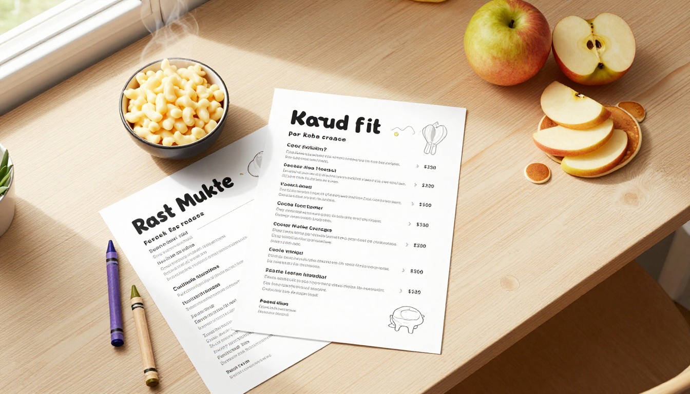 A printed kids menu laid flat beside a bowl of macaroni and fruit slices