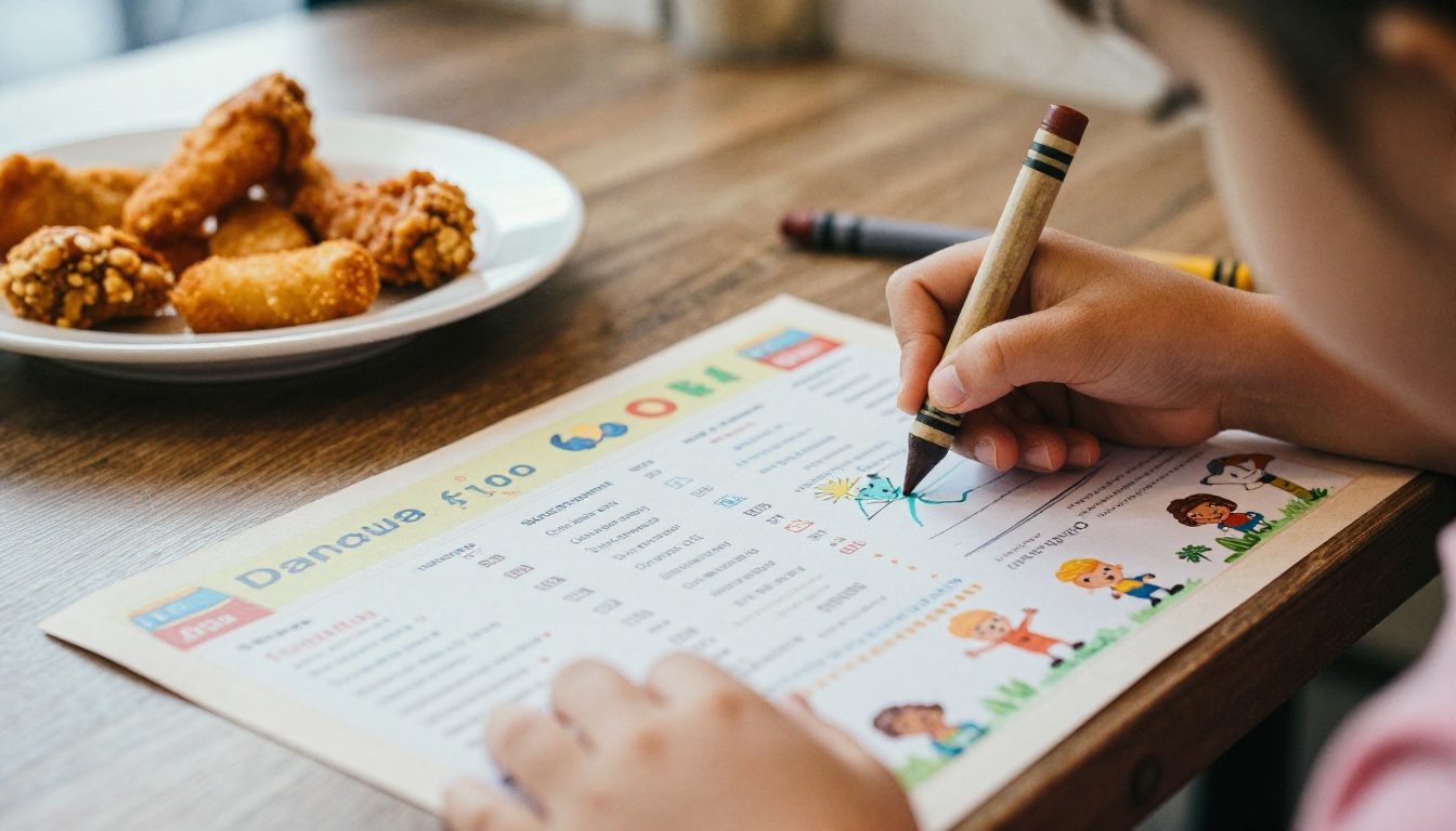A young girl coloring a menu placemat with crayons at a cafe table