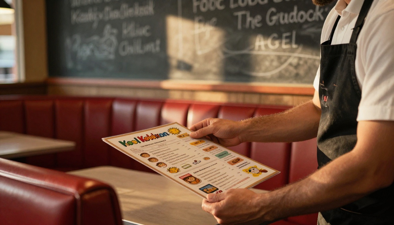 A restaurant owner placing a laminated kids menu on a booth table