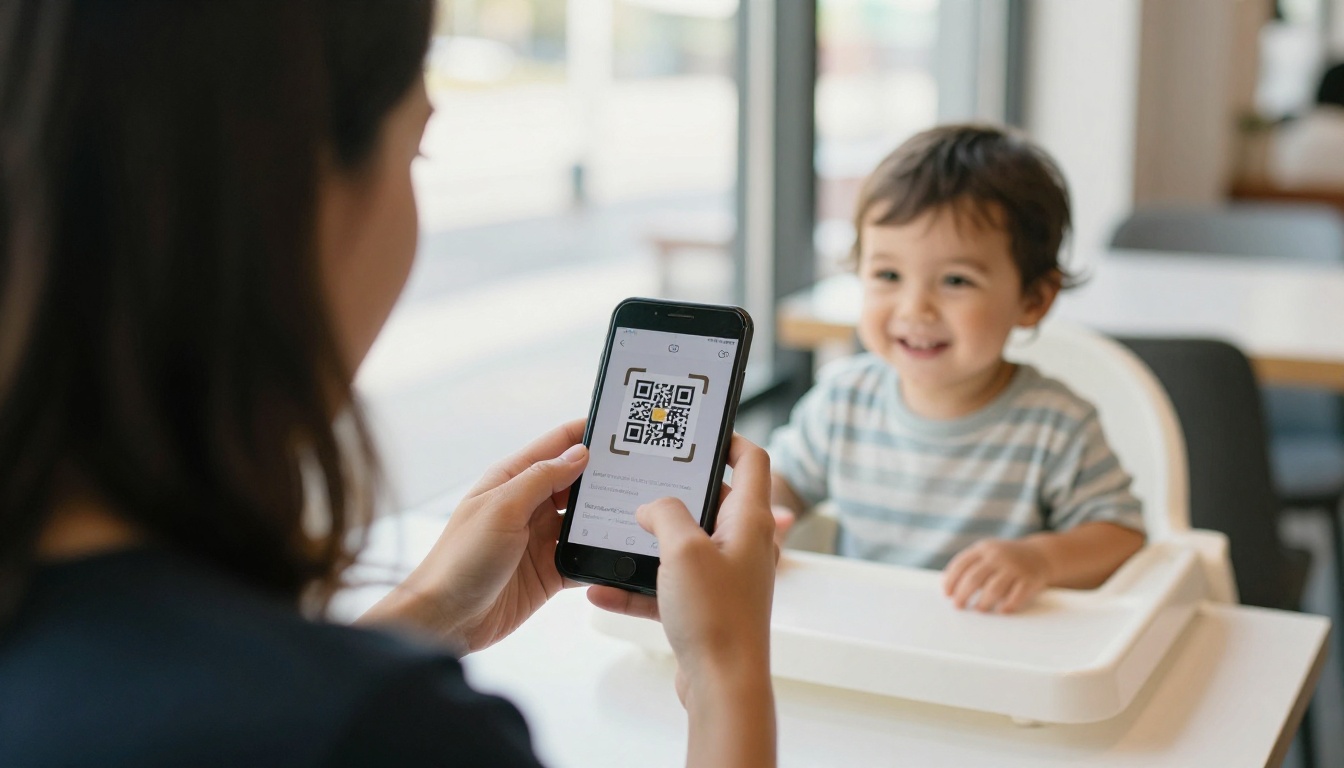 A parent scanning a QR code on a restaurant table next to a toddler in a high chair