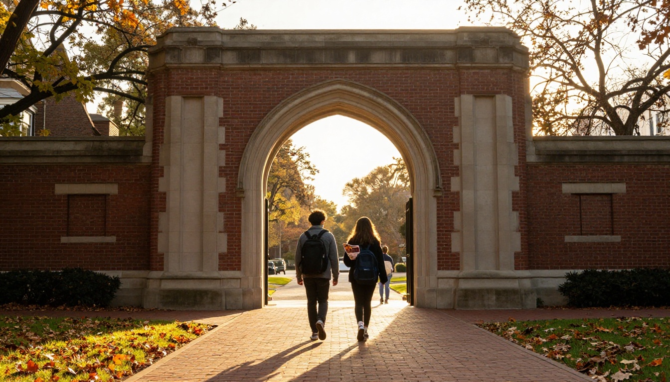 Prospective student and parent walking toward a university gateway at golden hour Prospective student and parent walking toward a university gateway at golden hour