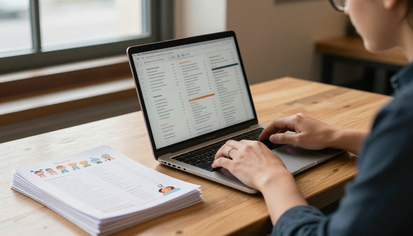 A restaurant manager designing a menu layout on a laptop with printed copies beside it