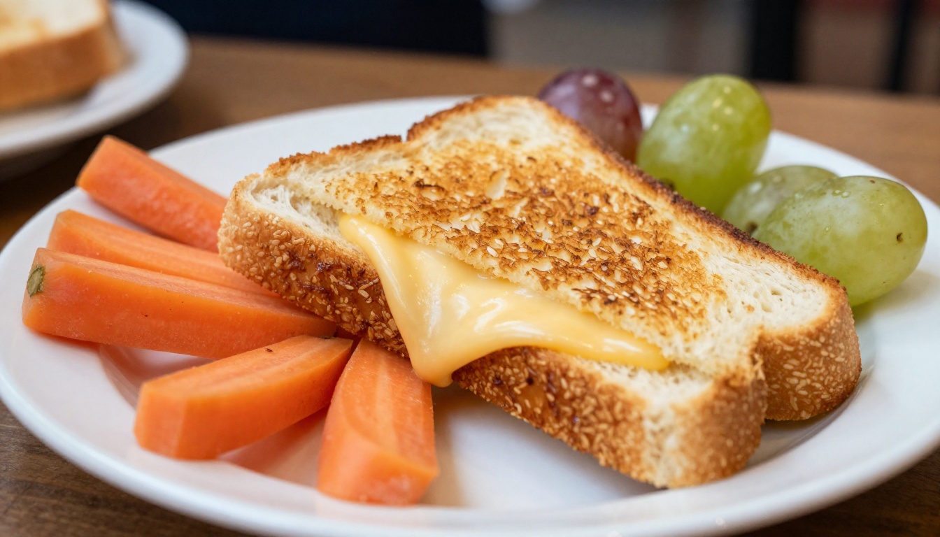 A small grilled cheese sandwich with carrots and grapes on a white plate