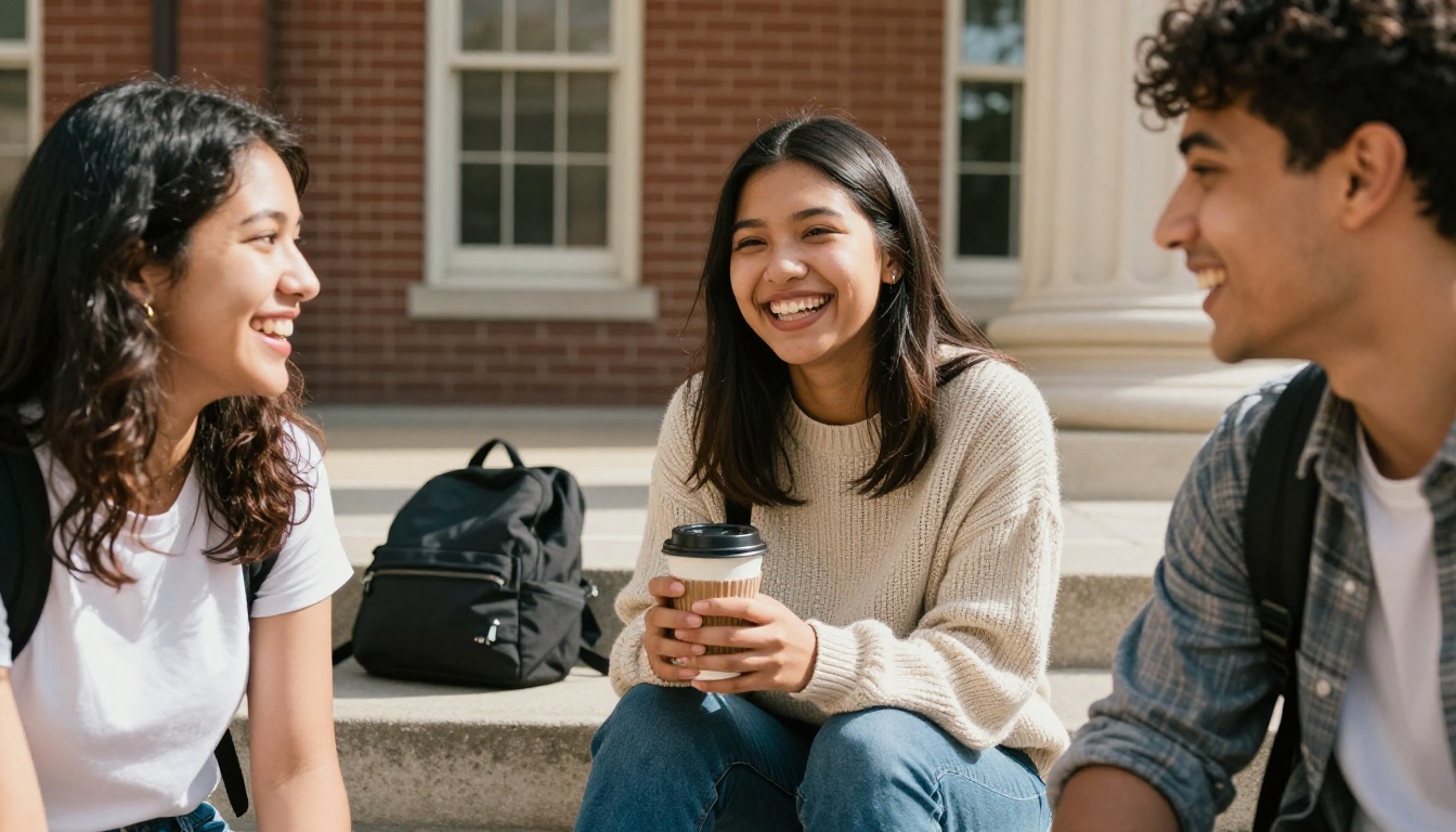Three college students laughing on library steps Three college students laughing on library steps