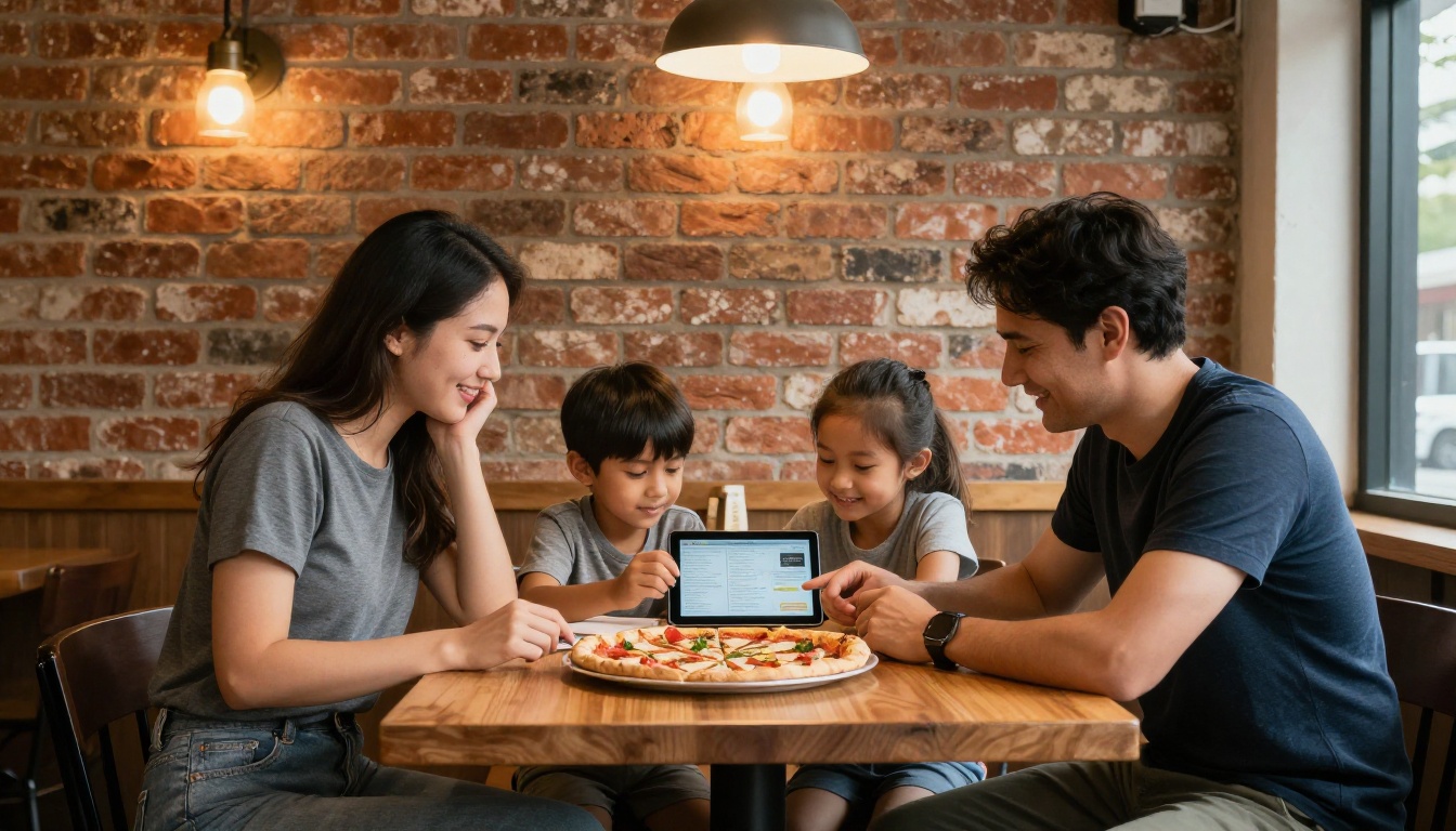 A family of four at a pizzeria table looking at a digital menu on a tablet