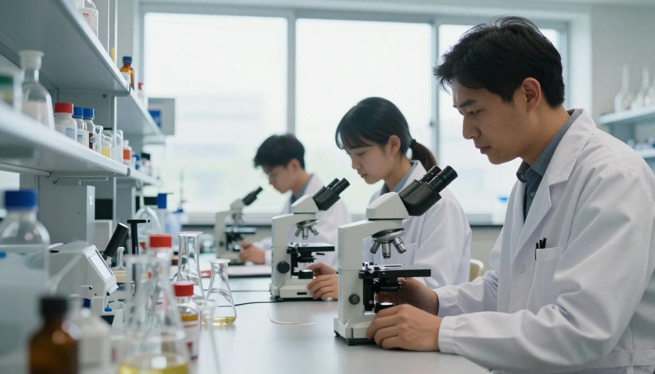 Professor and students working at a laboratory bench Professor and students working at a laboratory bench
