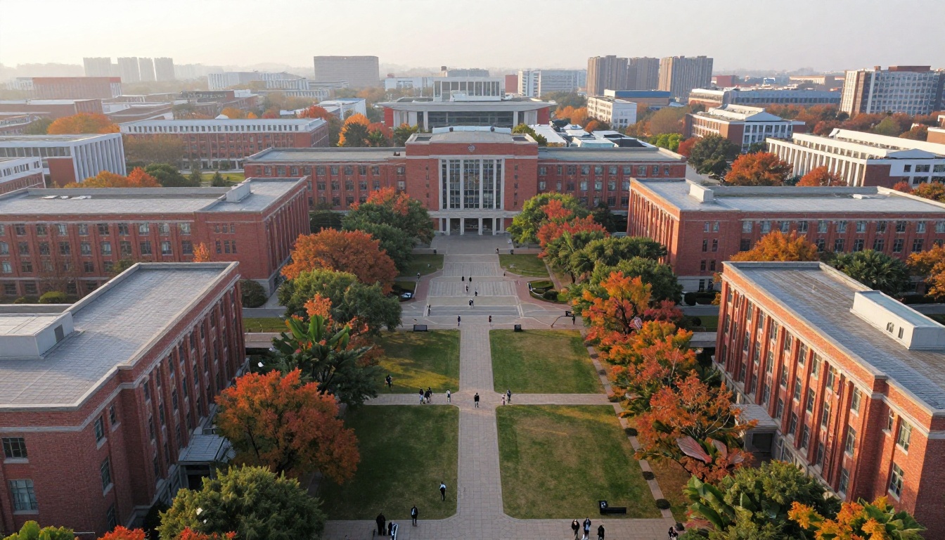 Aerial view of a brick university campus in autumn Aerial view of a brick university campus in autumn