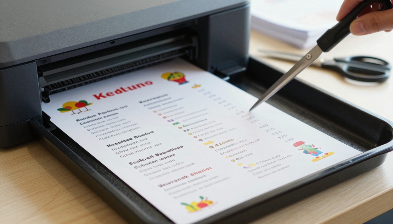 An inkjet printer producing a freshly printed kids menu page