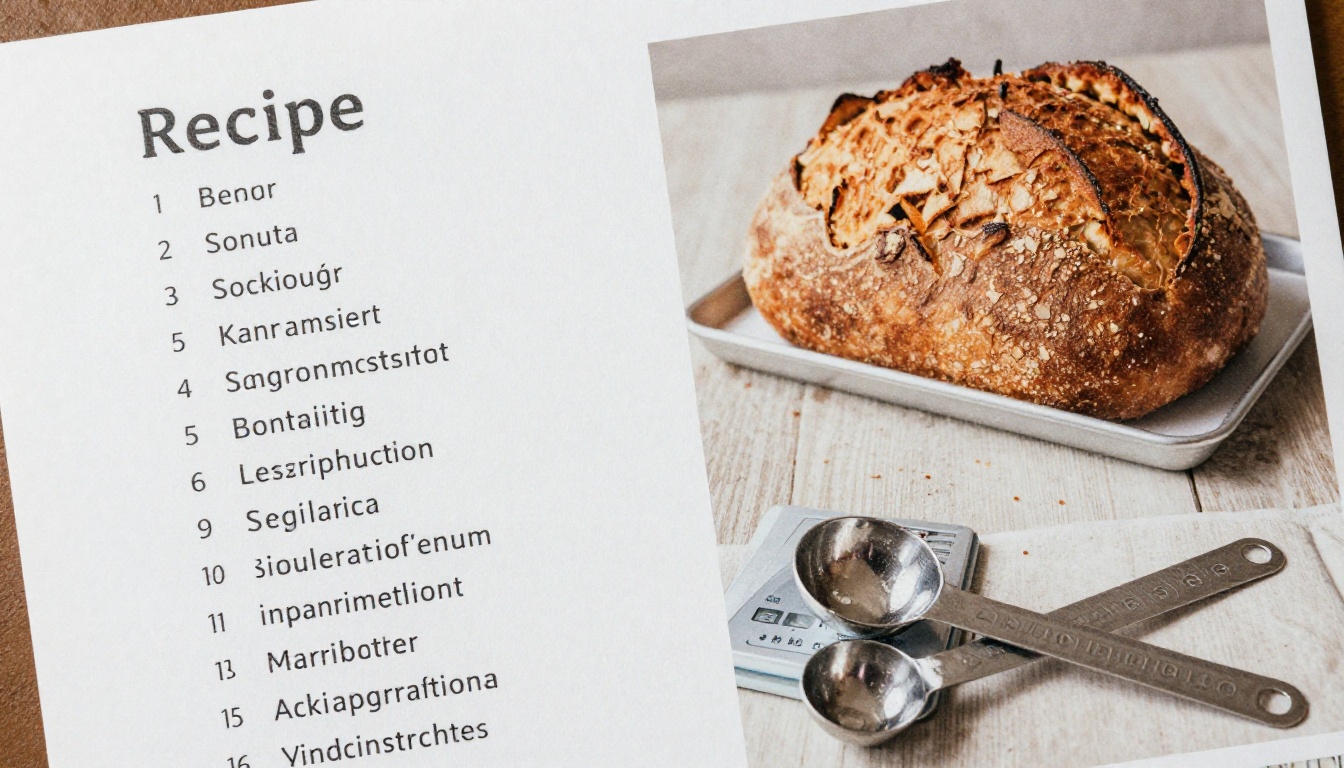 Recipe page layout with ingredient list beside a sourdough photo Recipe page layout with ingredient list beside a sourdough photo
