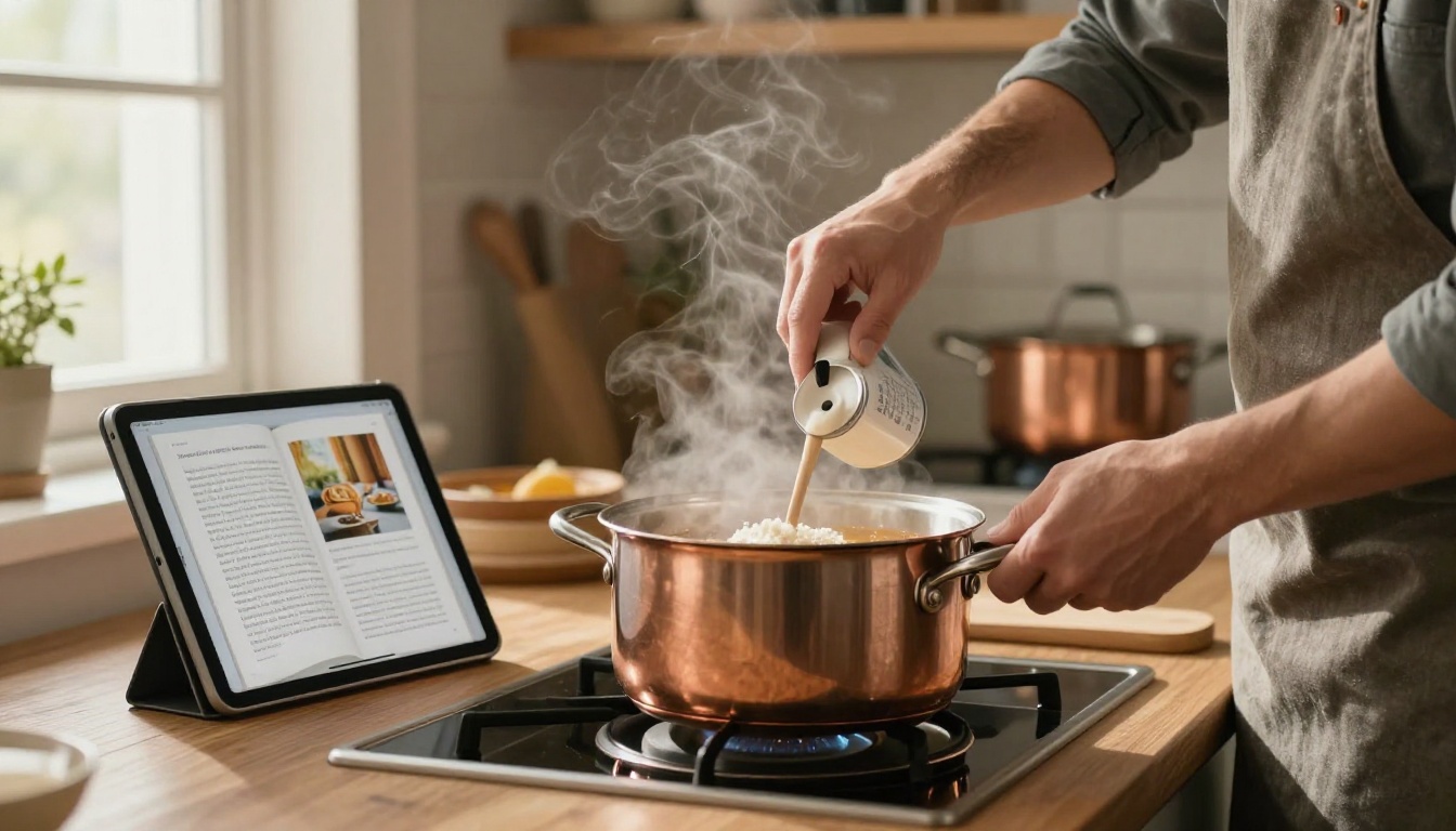 Home cook with a tablet propped against a canister while stirring soup Home cook with a tablet propped against a canister while stirring soup