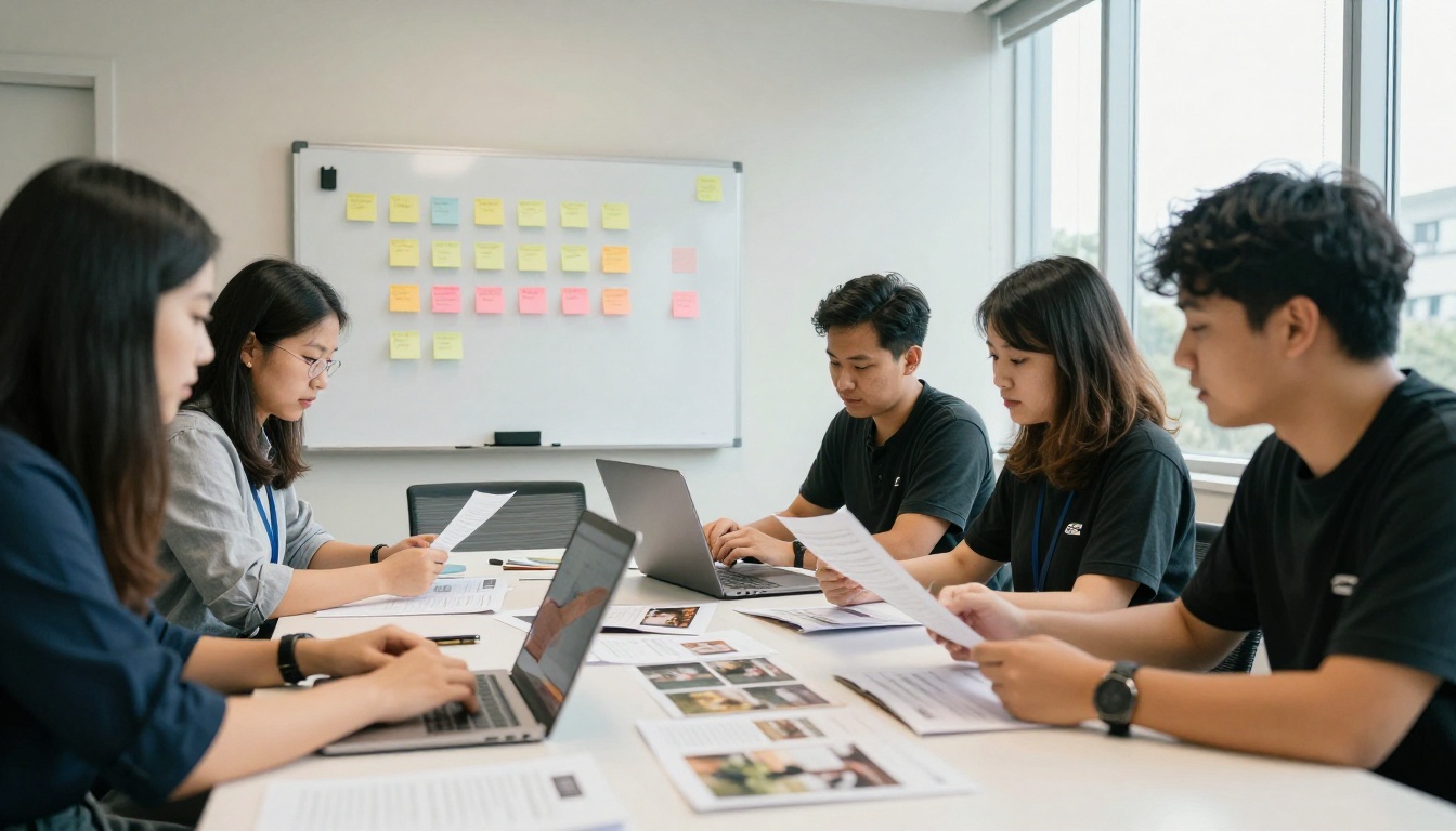 Admissions team reviewing viewbook proofs around a conference table Admissions team reviewing viewbook proofs around a conference table