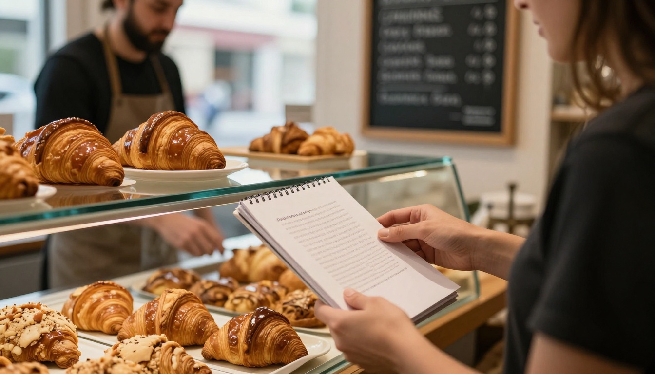 Bakery counter where a baker hands a spiral-bound cookbook to a customer Bakery counter where a baker hands a spiral-bound cookbook to a customer