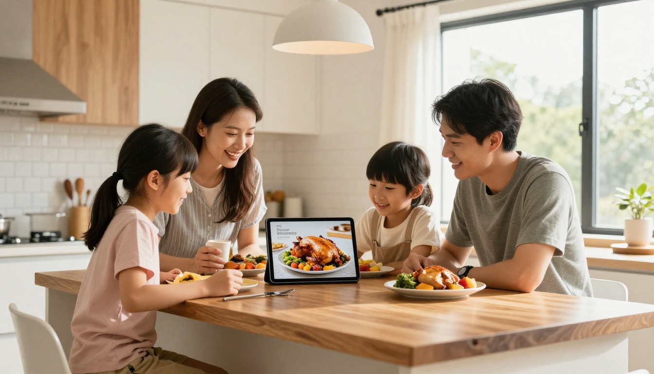 Family around a kitchen island looking at a cookbook on a phone and tablet Family around a kitchen island looking at a cookbook on a phone and tablet