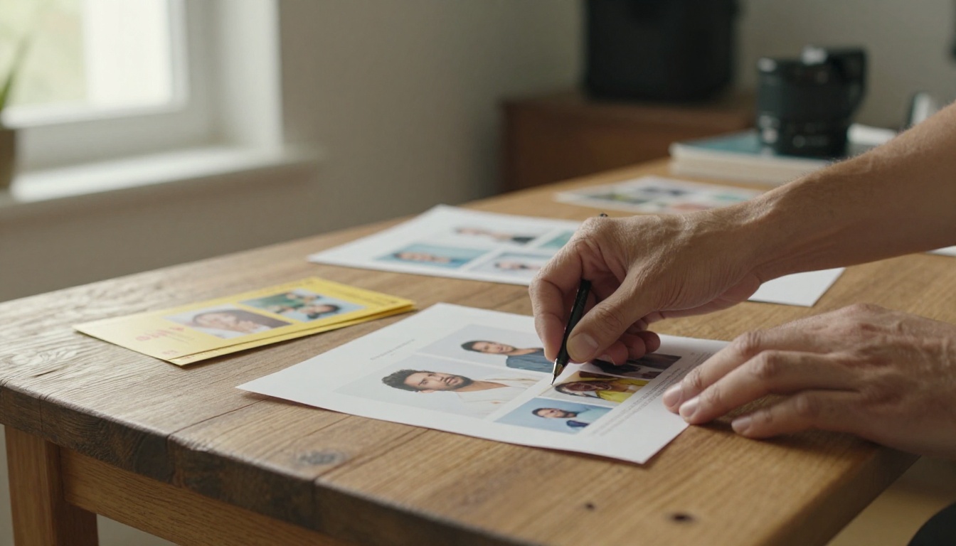 Photographer arranging mini session vouchers and prints on an oak desk
