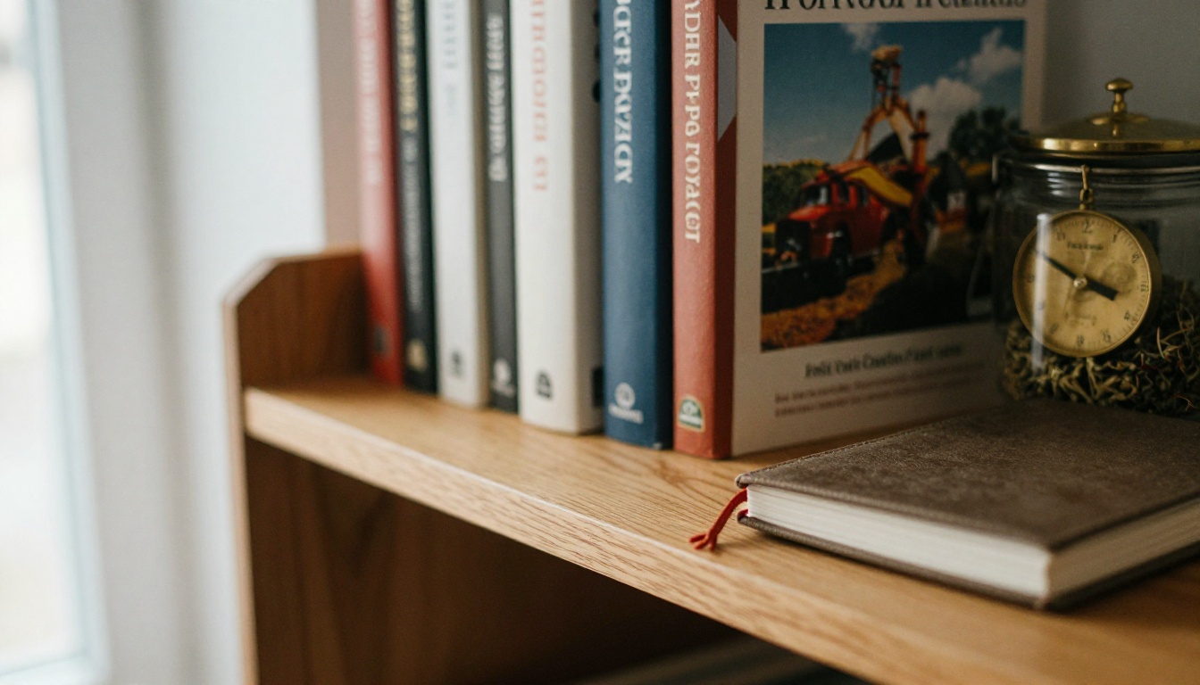 Wooden shelf with finished cookbooks, a notebook and dried herbs Wooden shelf with finished cookbooks, a notebook and dried herbs