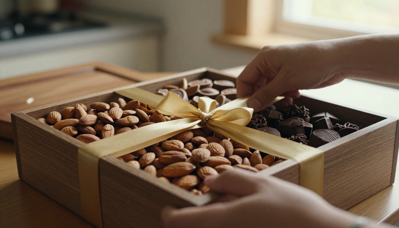 Hands arranging dry fruits and chocolates in a Diwali gift hamper Hands arranging dry fruits and chocolates in a Diwali gift hamper