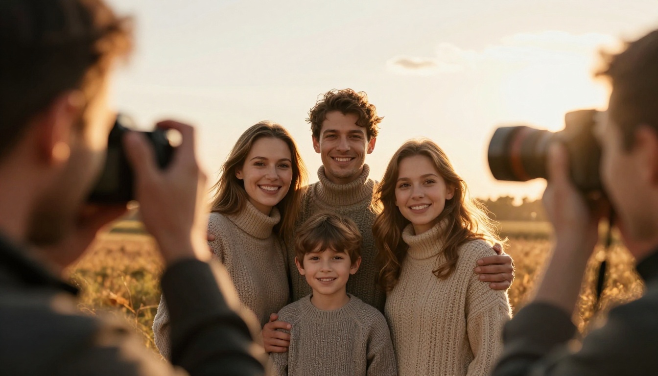 Family of four in knitwear during a golden hour portrait session