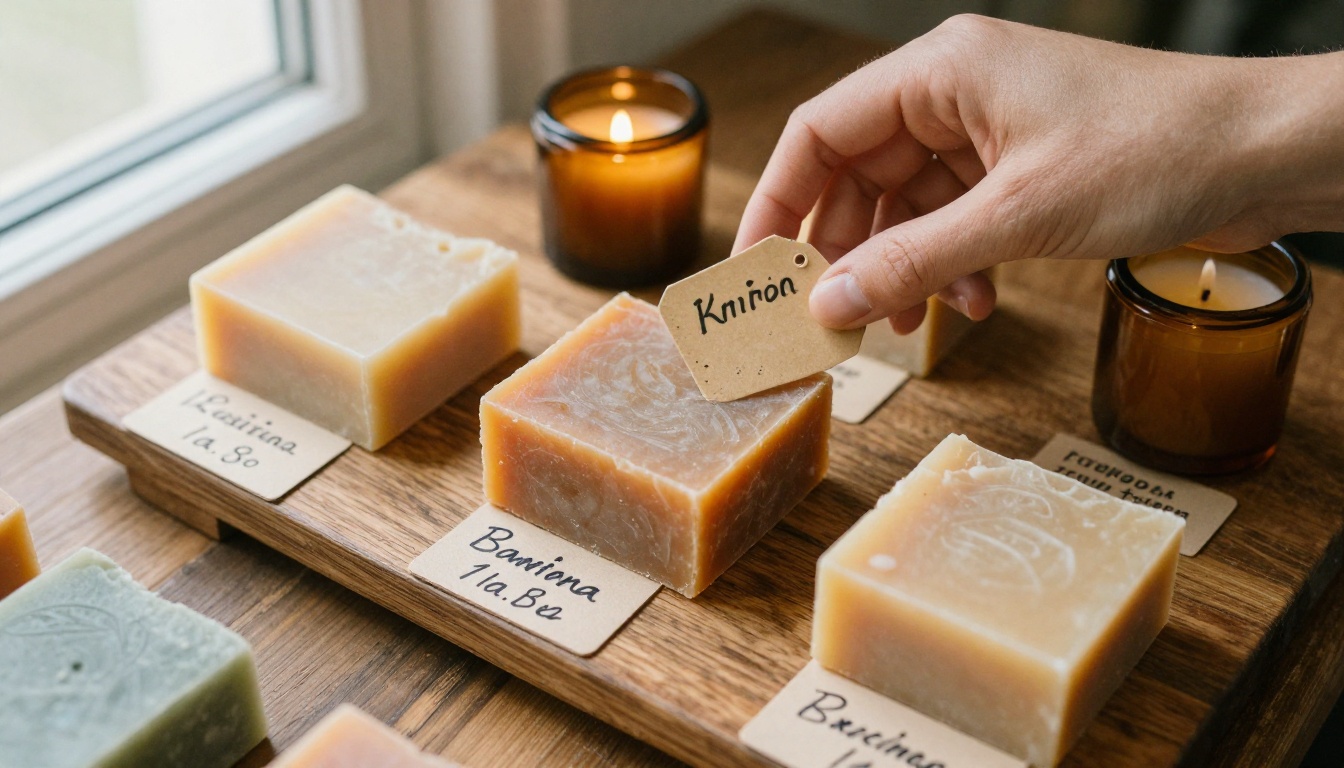 Hands arranging handmade soaps and candles on an oak display table