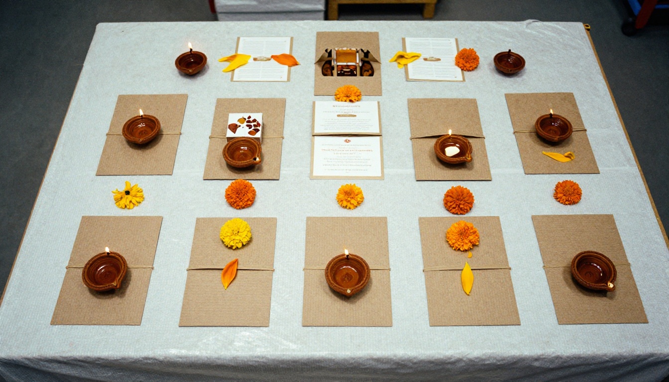 Aerial view of several Diwali hampers laid out in a row Aerial view of several Diwali hampers laid out in a row