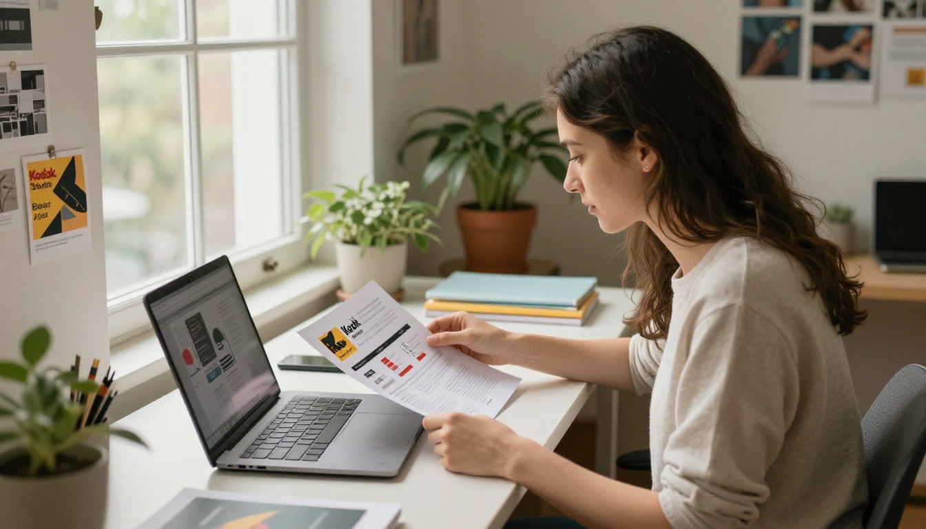 Freelance designer reviewing a printed brand booklet with a client