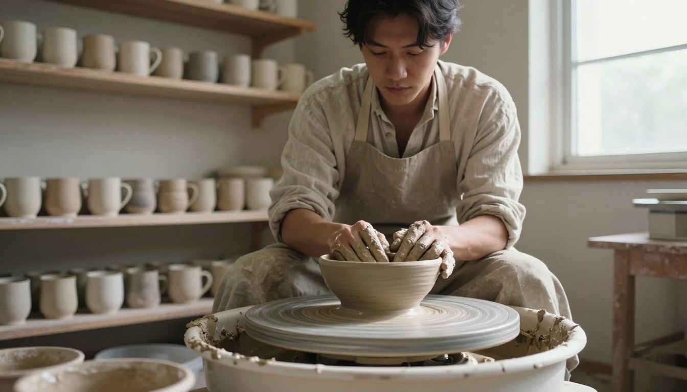 A potter shaping a clay bowl in a sunlit maker studio