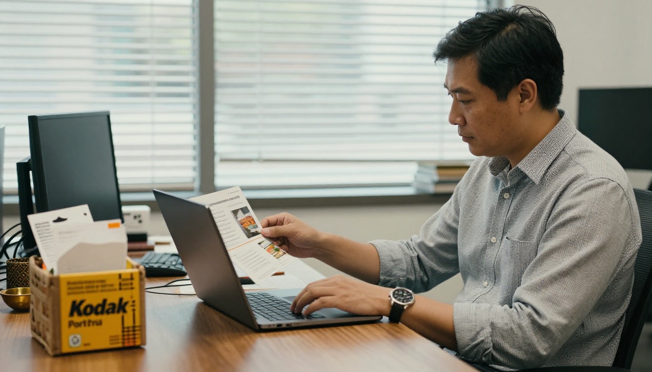 Procurement manager reviewing a gift catalogue on a laptop beside a hamper Procurement manager reviewing a gift catalogue on a laptop beside a hamper