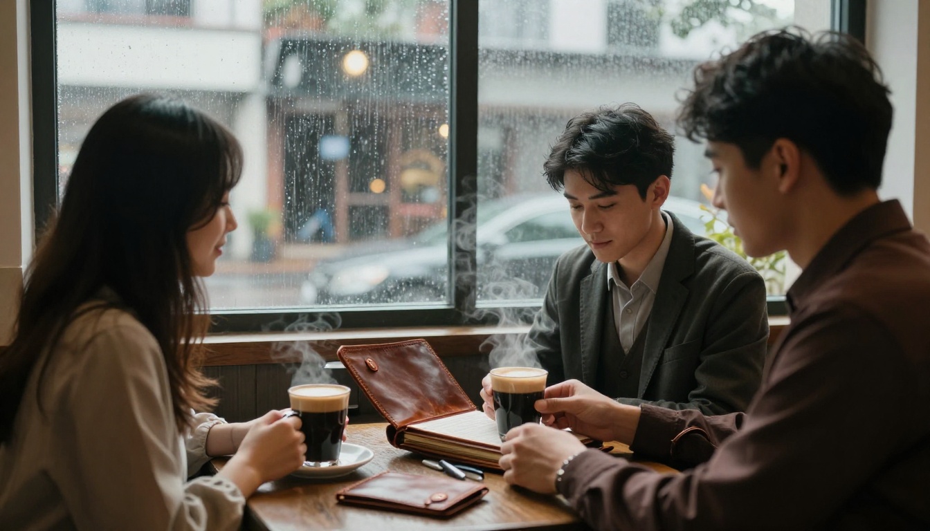 Wedding photographer showing a leather album to a young couple at a cafe