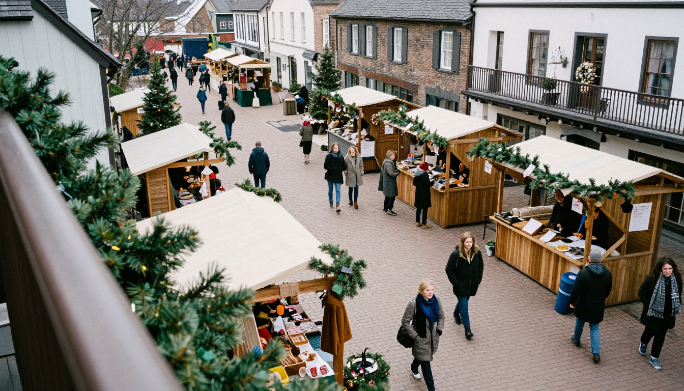 Aerial view of a small-town holiday street market