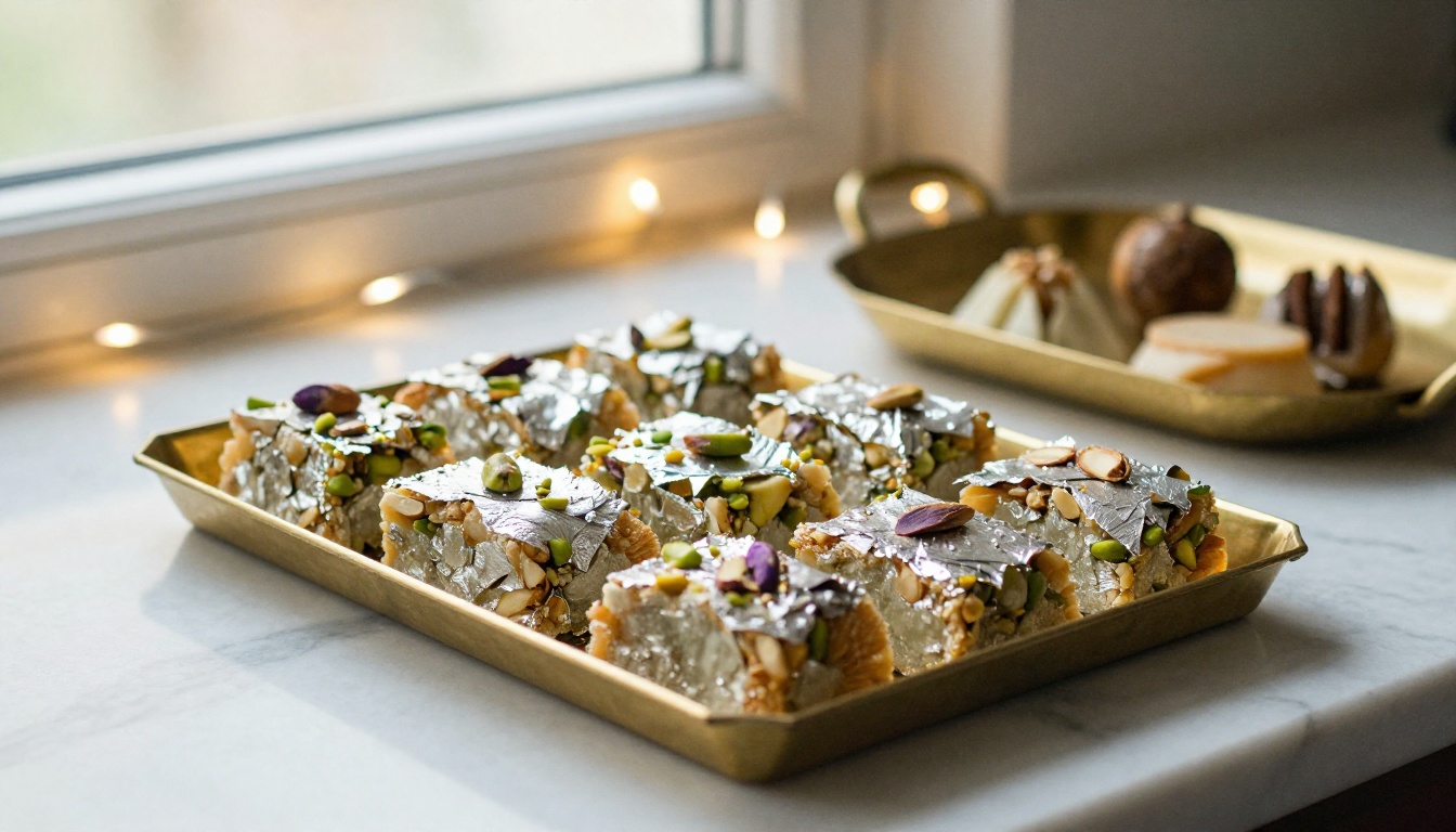 Luxury Diwali sweets box with pistachio barfi and saffron pedas Luxury Diwali sweets box with pistachio barfi and saffron pedas