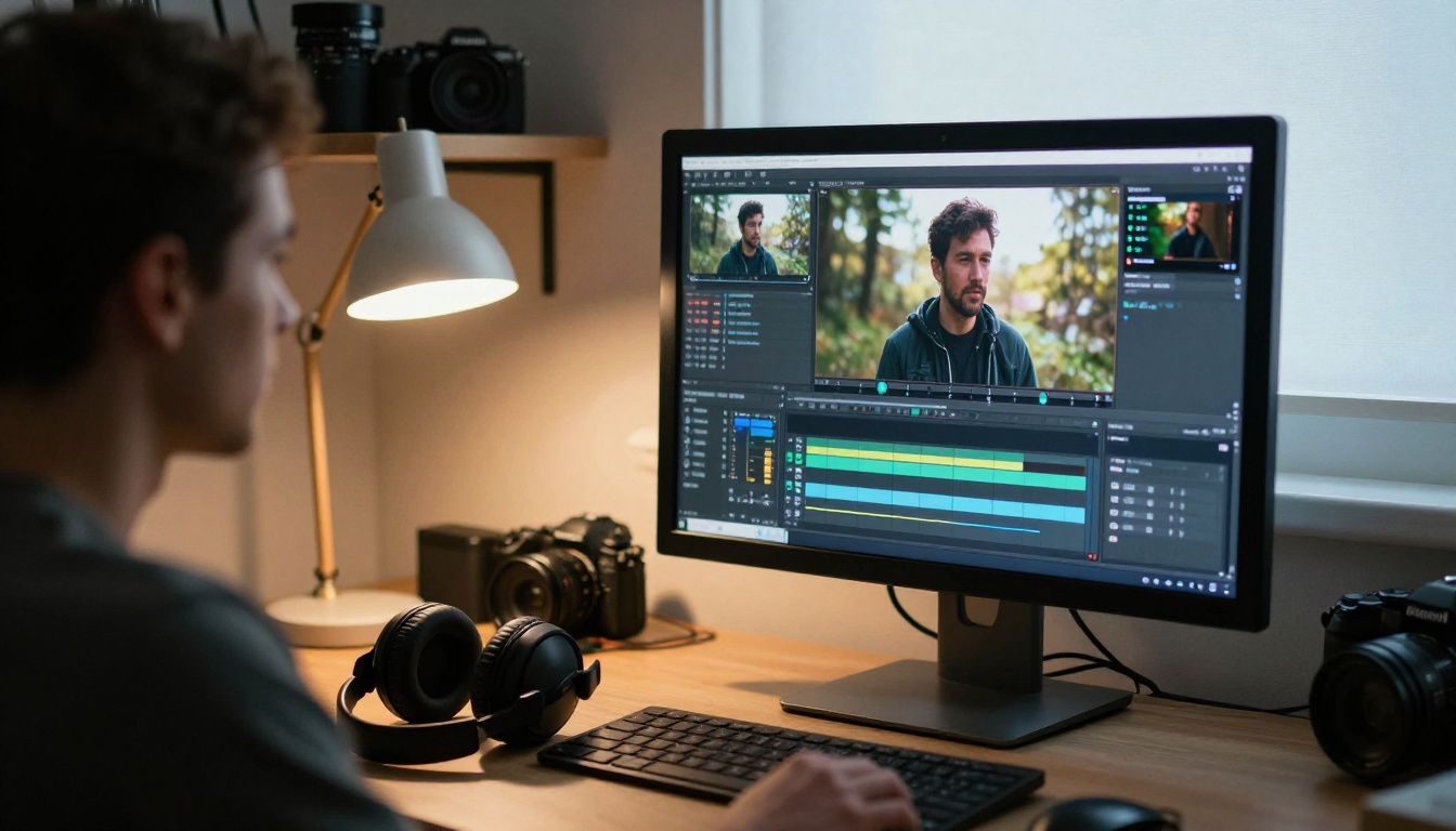 Videographer editing footage on a large monitor in a home office
