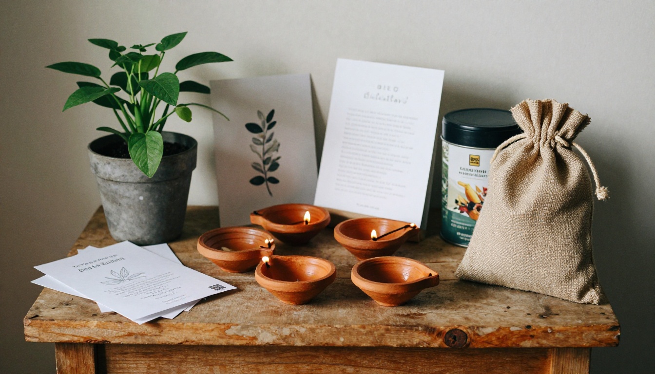 Eco-friendly Diwali hamper with terracotta diyas, jute bag and tea tins Eco-friendly Diwali hamper with terracotta diyas, jute bag and tea tins