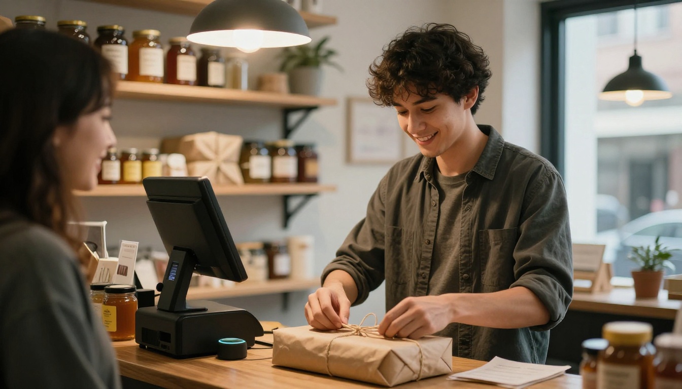 A shop owner wrapping a gift in brown paper and twine at the counter